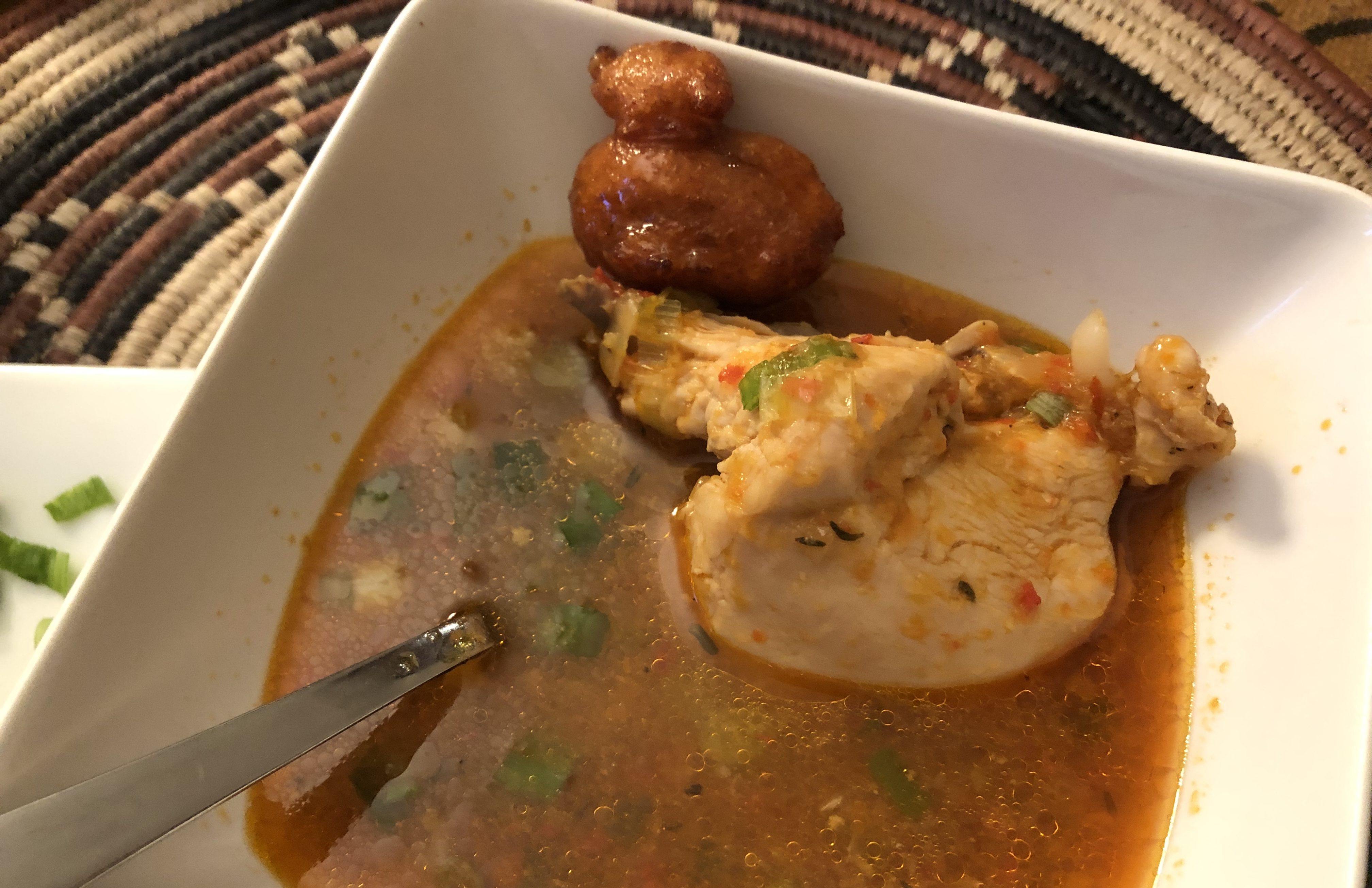 pepper soup, with chicken and kosai bean fritter