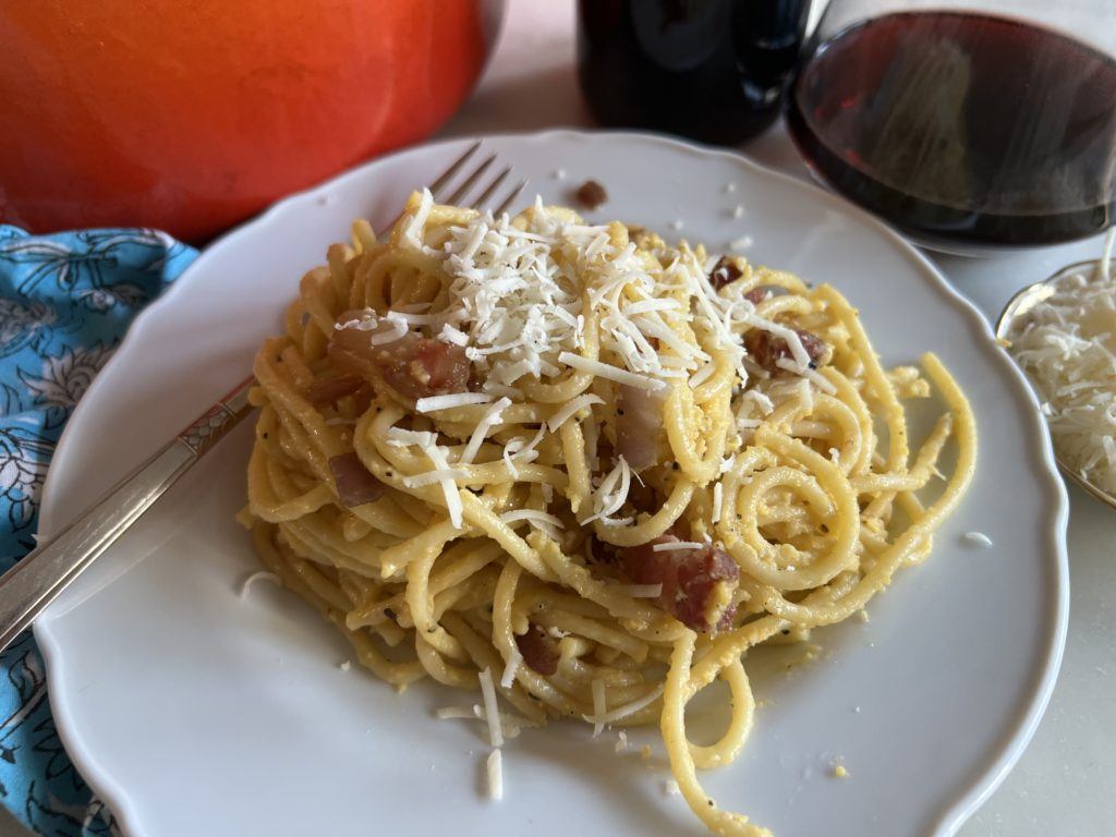fresh homemade spaghetti carbonara, mimmo style, with shallots
