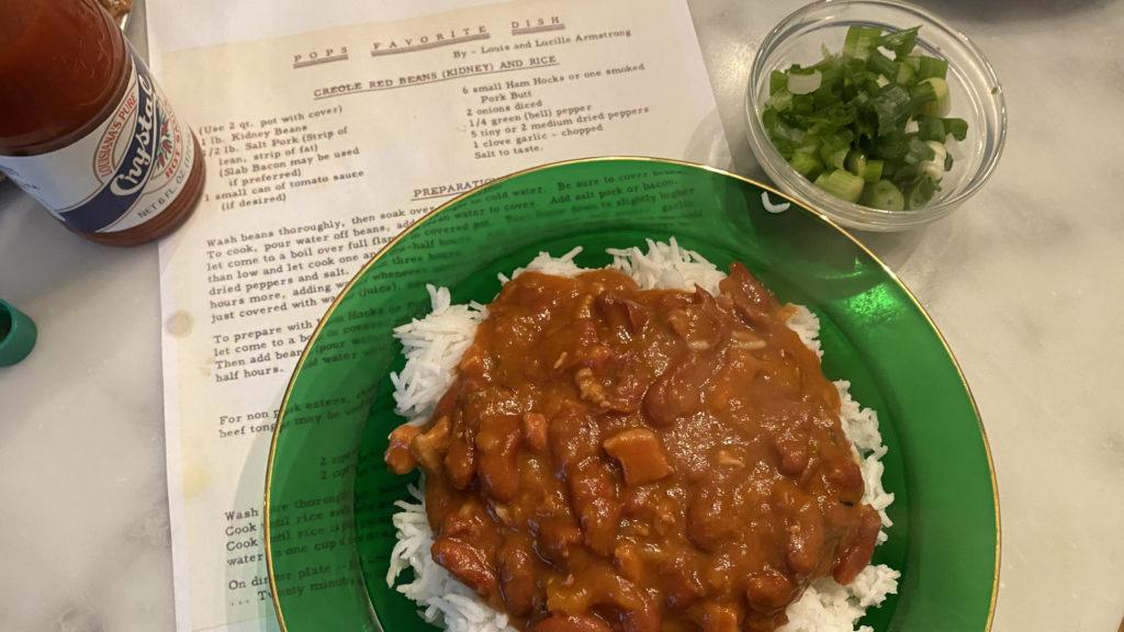 louis armstrong red beans and rice, with the recipe, hot sauce, jazzfesting in place