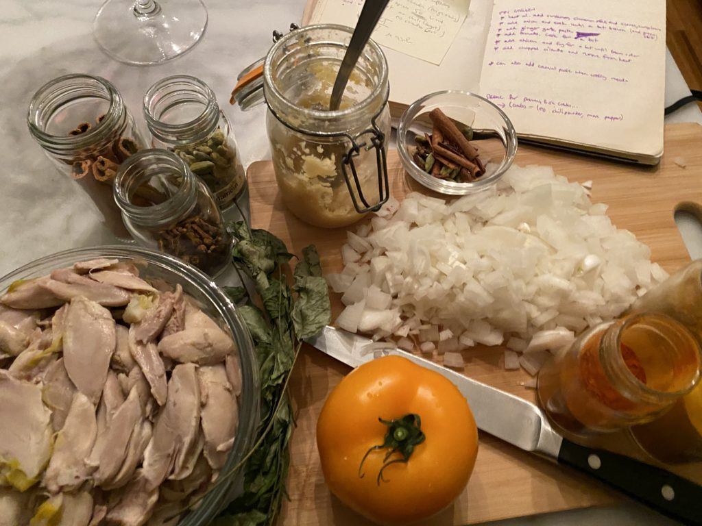 turning chicken soup chicken into indian-spiced pulled chicken