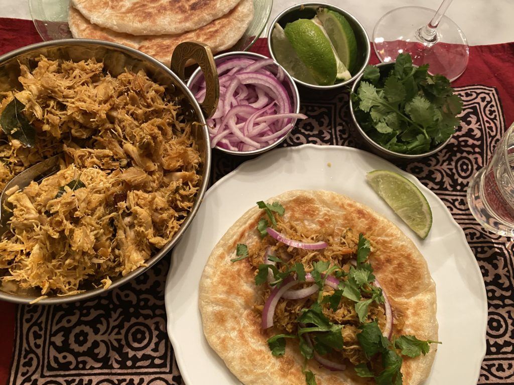 indian-spiced pulled chicken made from chicken soup leftovers