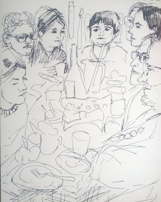 sara mostow sketch of our live dinner party