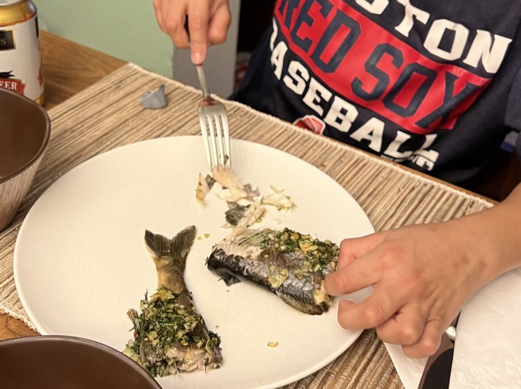 drew's weekly childhood dinner of stuffed trout which he had to first catch